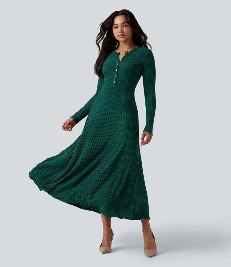 Ribbed Knit Henley Neck Long Sleeve Flowy Maxi Fleece Casual Dress