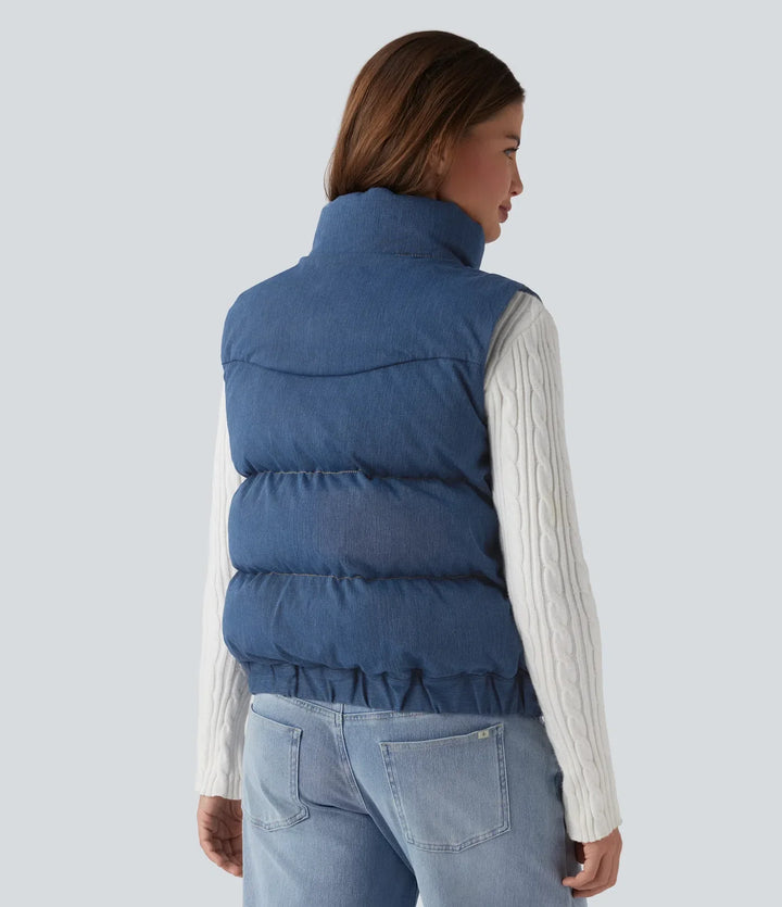 Halara Flex Denim Stand Collar Casual Puffer Vest with Pockets