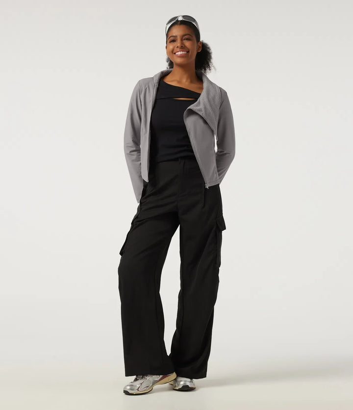 Asymmetric Collar Long Sleeve Casual Jacket with Pockets