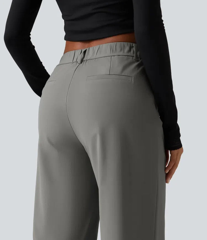 Wrinkle Recovery Mid Rise Straight Leg Work Trousers with Pockets