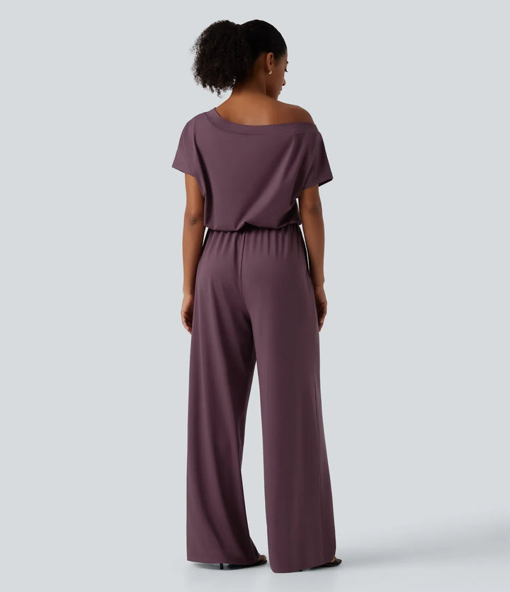 One Shoulder Drawstring Built-in Bra Casual Jumpsuit with Pockets-Easy Peezy Edition