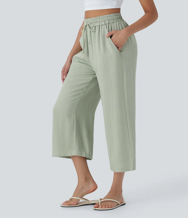 High Waisted Drawstring Wide Leg Cropped Casual Linen-Feel Trousers with Pockets