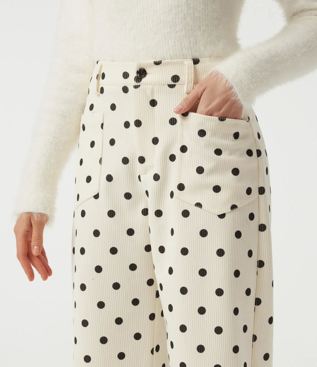 Mid Rise Barrel Leg Polka Dot Corduroy Casual Trousers with Pockets