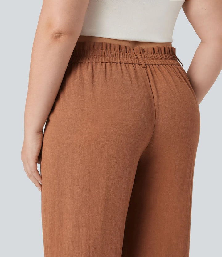 High Waisted Capri Linen-Feel Resort Plus Size Trousers with Pockets