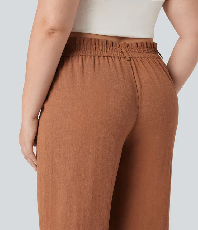 High Waisted Capri Linen-Feel Resort Plus Size Trousers with Pockets