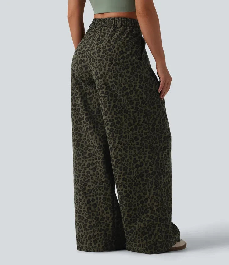 Mid Rise Wide Leg Baggy Leopard Print Casual Trousers with Pockets