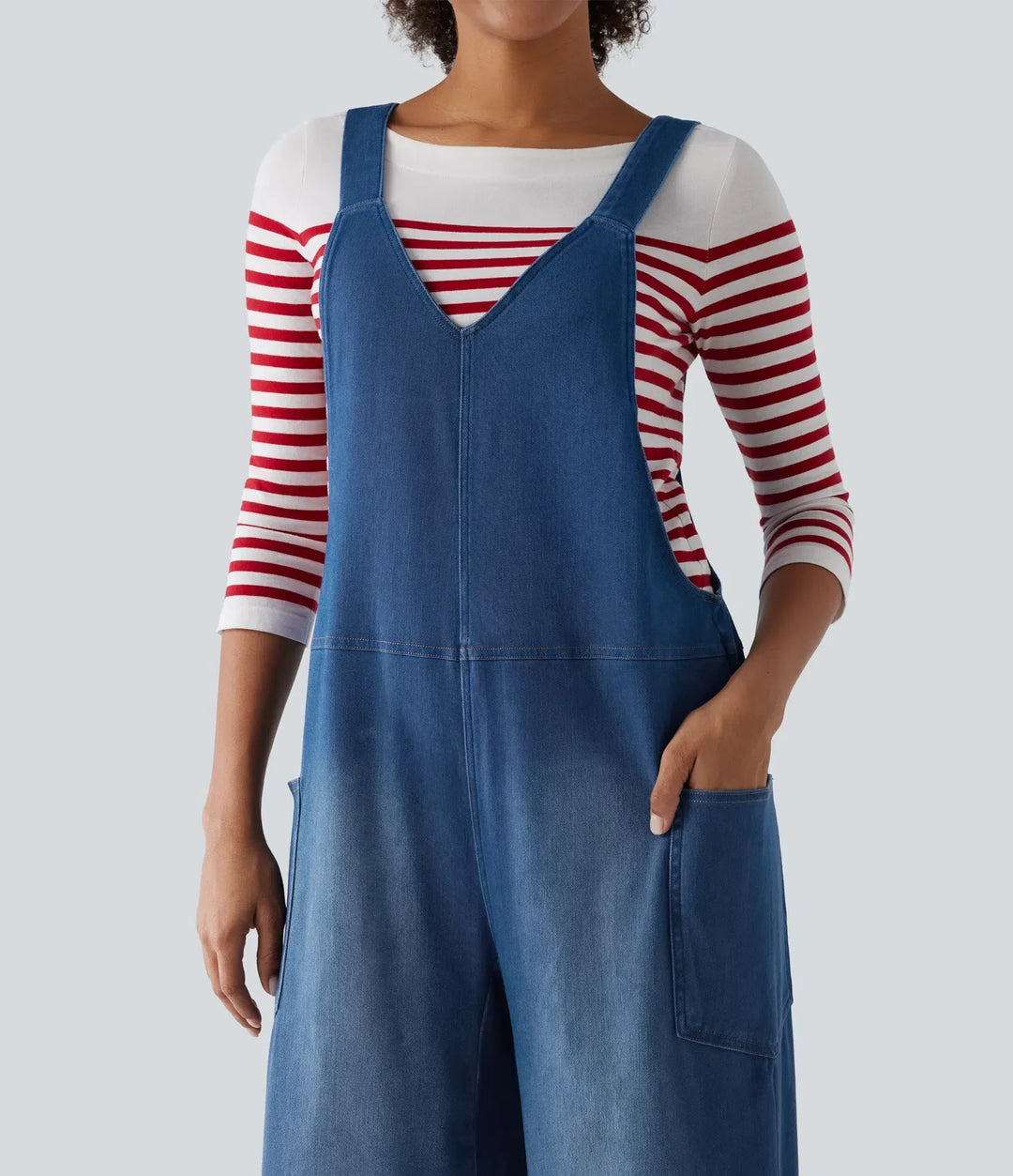 Halara Flex V Neck Wide Leg Denim Casual Overalls with Pockets