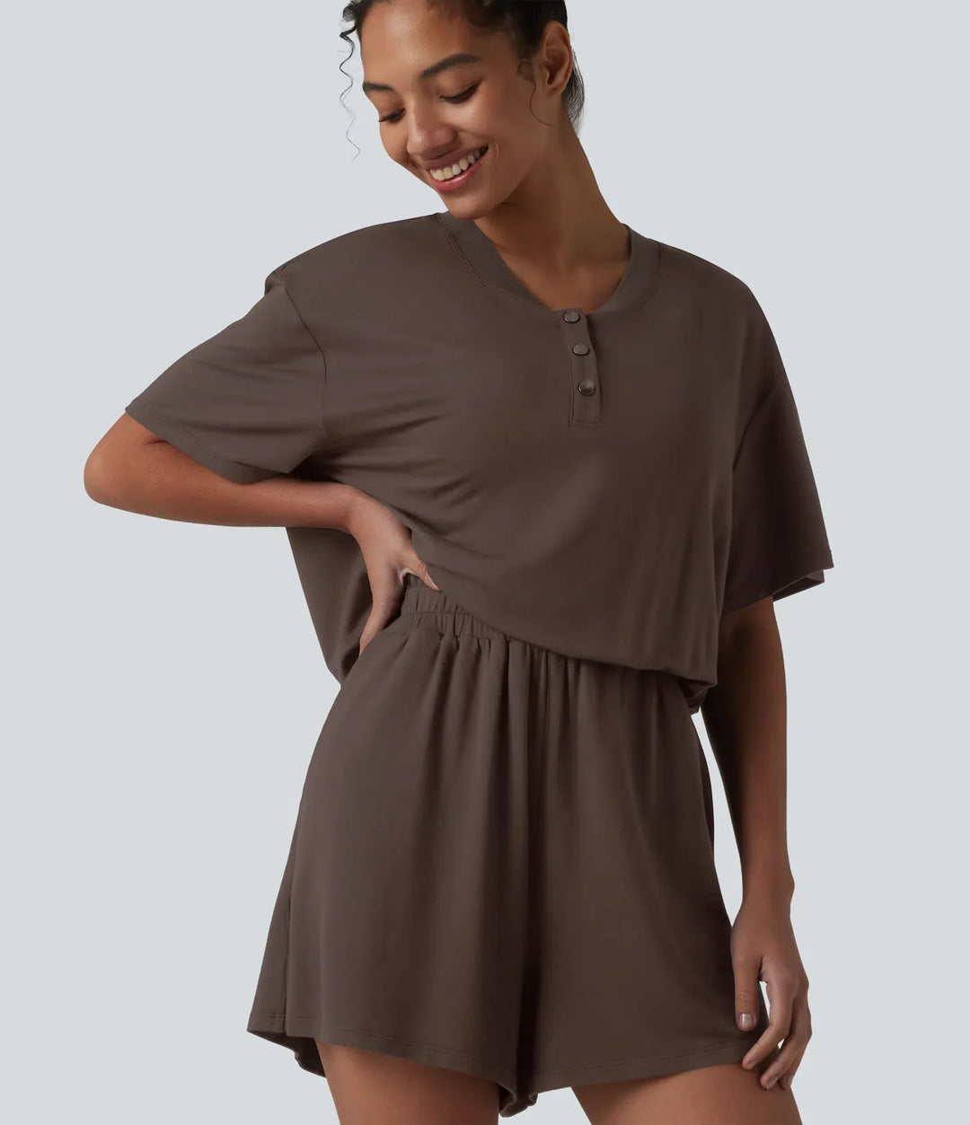 Henley Short Sleeve Casual Romper with Pockets-Easy Peezy