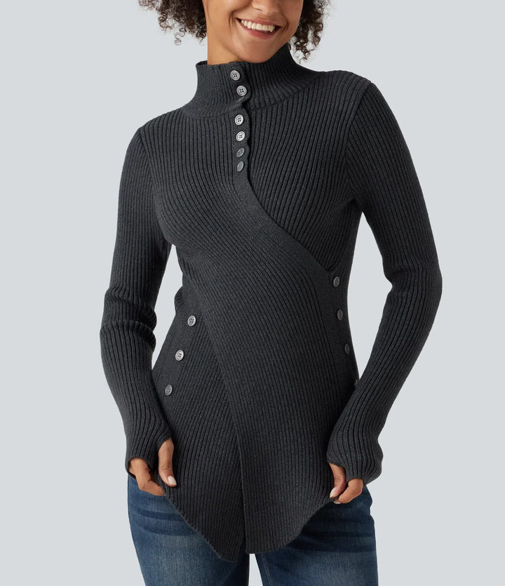 Ribbed Knit High Neck Long Sleeve Thumb Hole Crossover Hem Slim Work Jumper