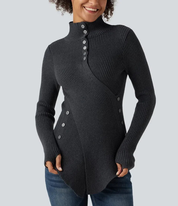Ribbed Knit High Neck Long Sleeve Thumb Hole Crossover Hem Slim Work Jumper