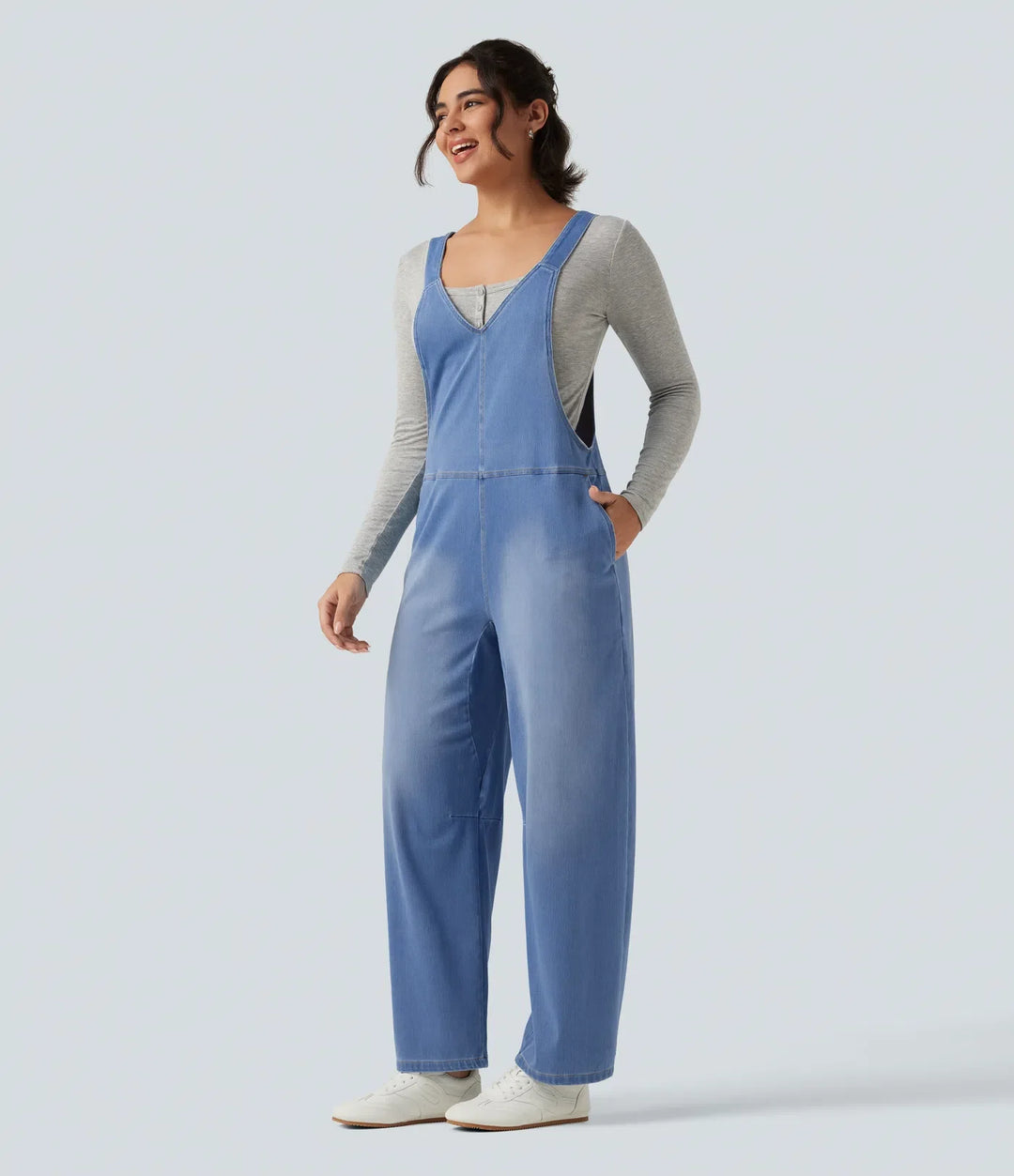 Halara Flex V Neck Sleeveless Barrel Leg Denim Casual Overalls with Pockets