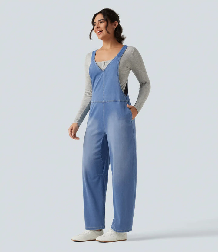 Halara Flex V Neck Sleeveless Barrel Leg Denim Casual Overalls with Pockets