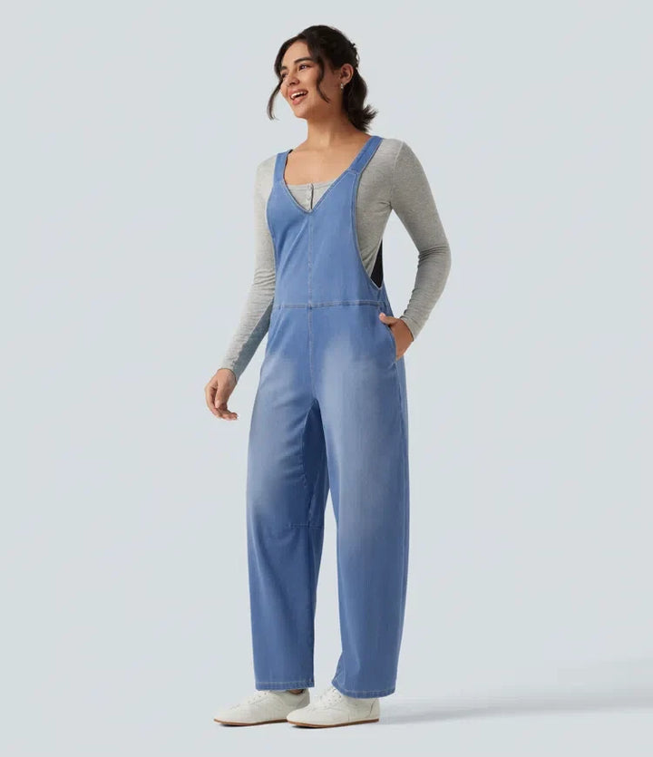 Halara Flex V Neck Sleeveless Barrel Leg Denim Casual Overalls with Pockets