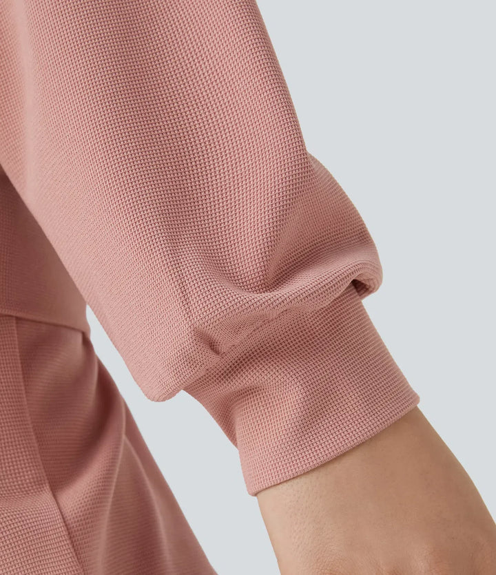 V Neck Dropped Shoulder Long Sleeve Waffle Casual Sweatshirt