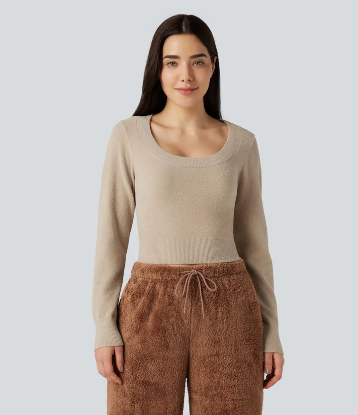 U-Neck Long Sleeve Cropped Casual Jumper