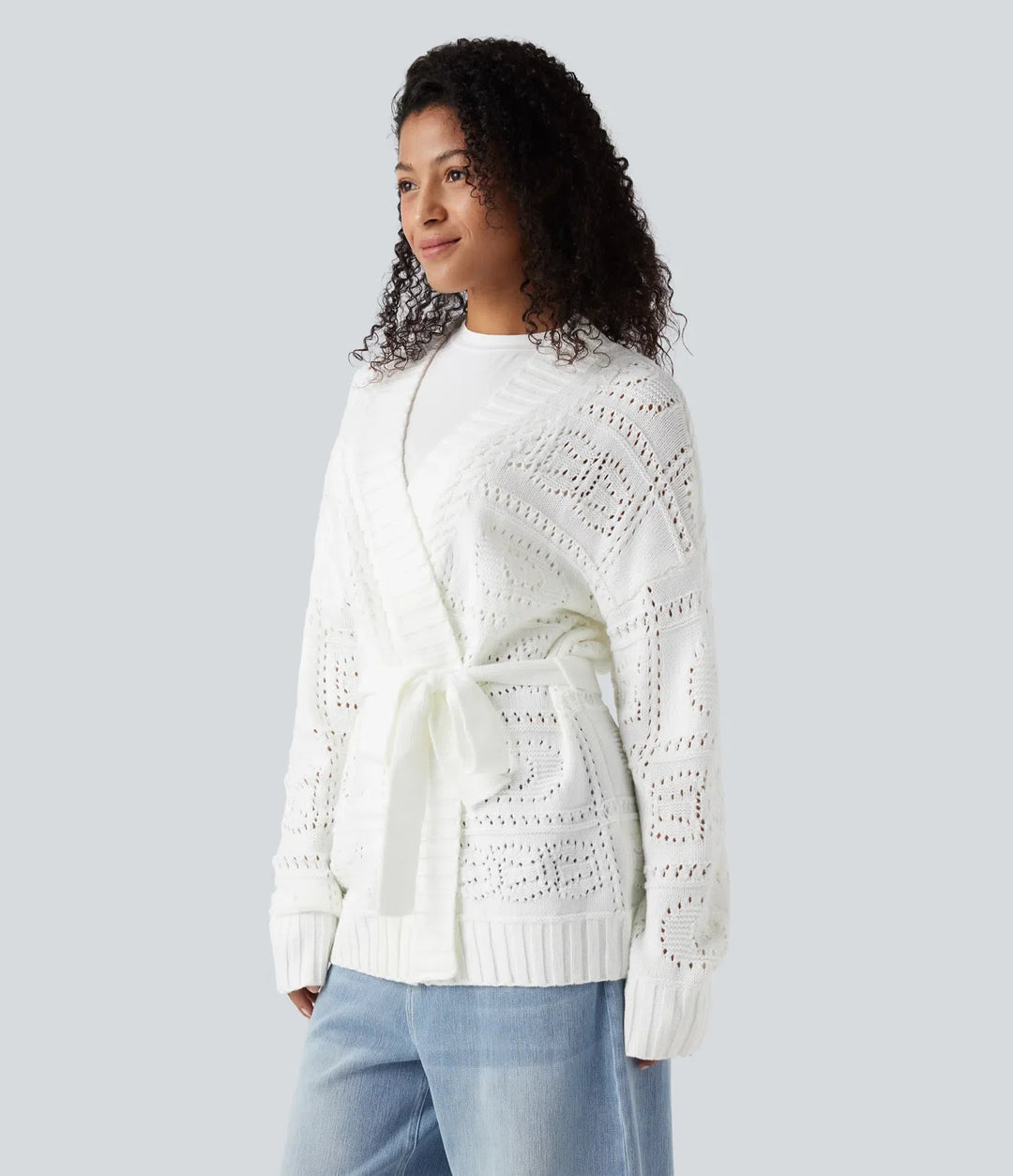 Open Front Long Sleeve Belted Jumper Knit Casual Cardigan