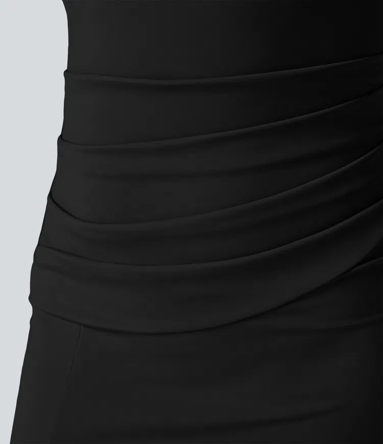 SoftlyZero Airy Square Neck Backless Corset Ruched Split Bodycon Midi InstantCool Bridesmaid and Wedding Guest Dress