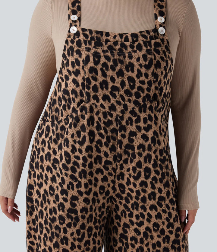 Leopard Print Waffle Casual Plus Size Dungarees with Pockets