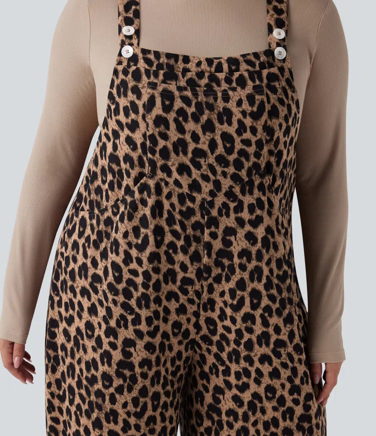 Leopard Print Waffle Casual Plus Size Dungarees with Pockets