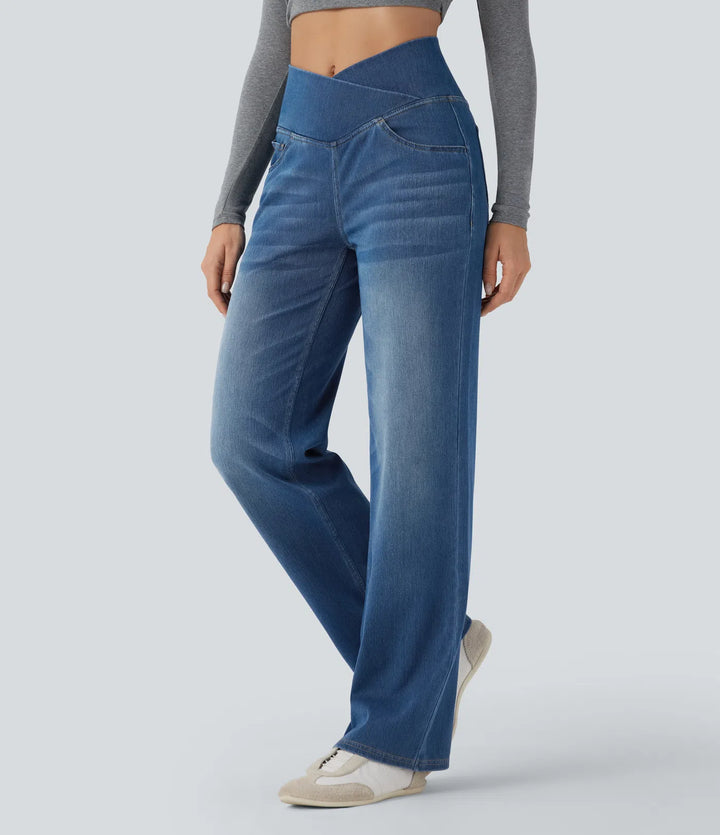 Halara Flex Crossover High Waisted Tummy Control Casual Straight Leg Jeans with Pockets