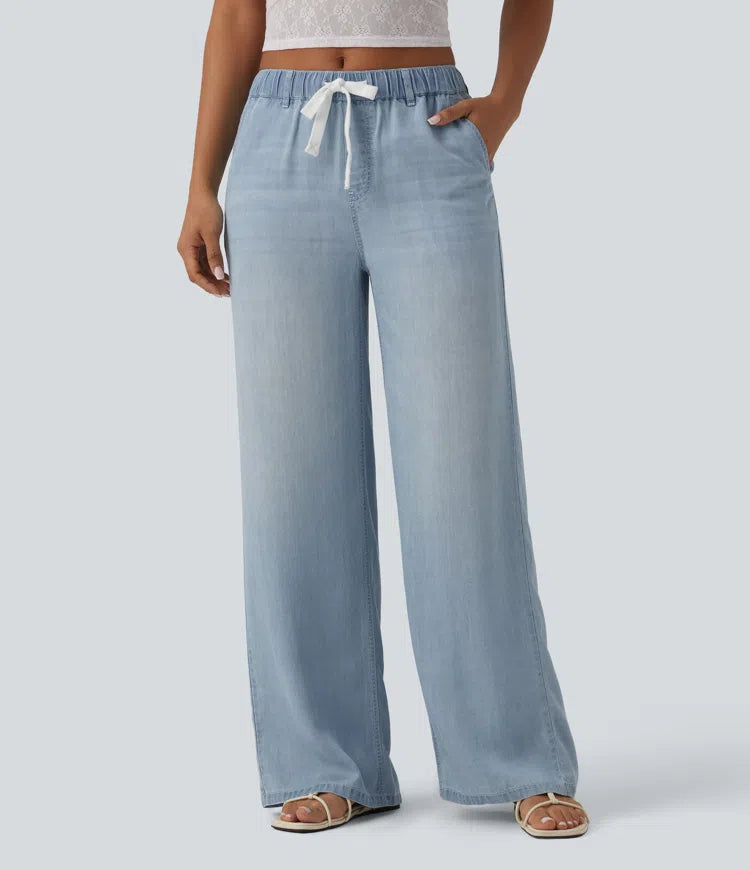 Halara Flex Mid Rise Drawstring Lyocell Washed Casual Jeans with Pockets