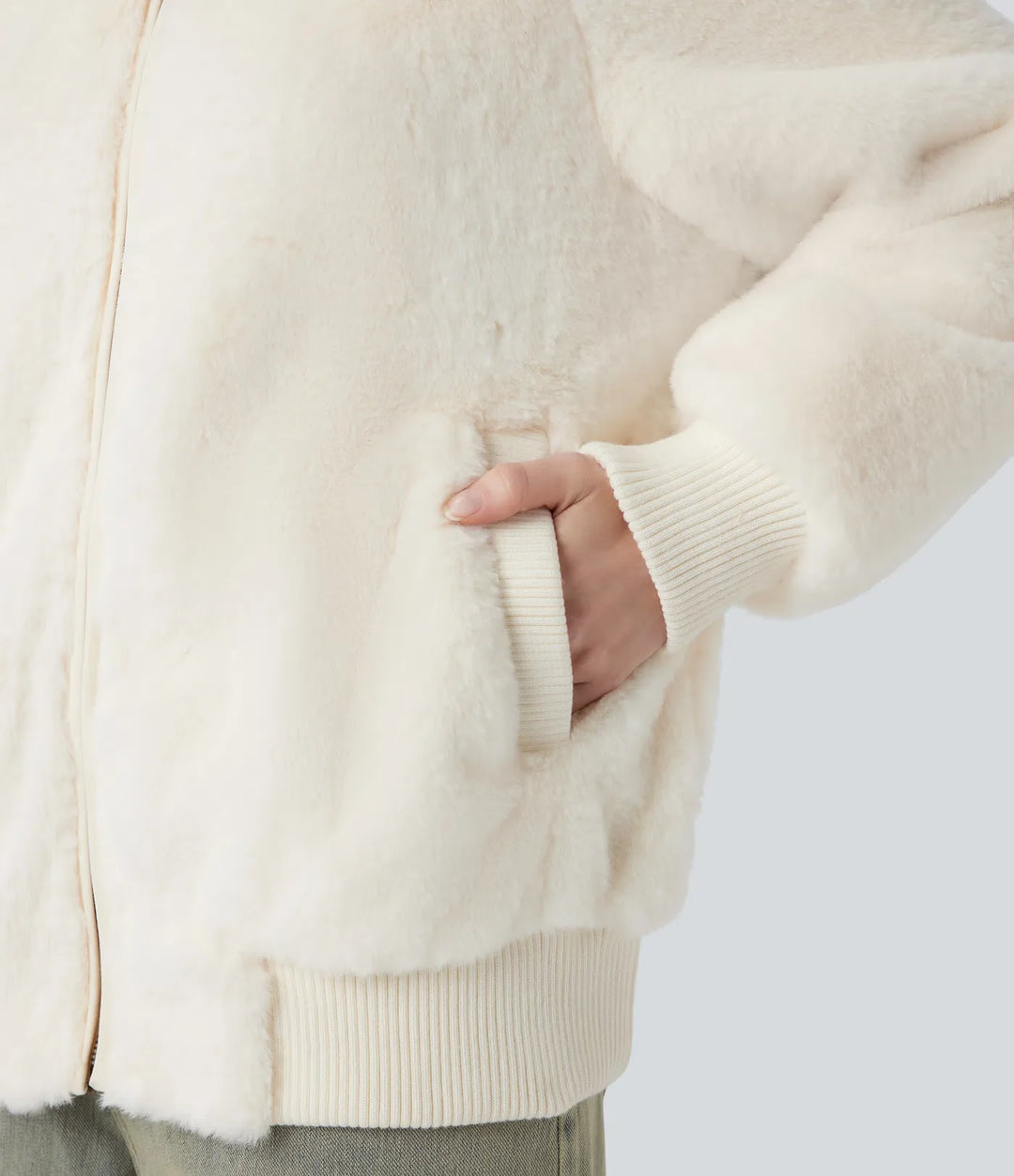 Zipper Long Sleeve Casual Sherpa Bomber Jacket with Pockets