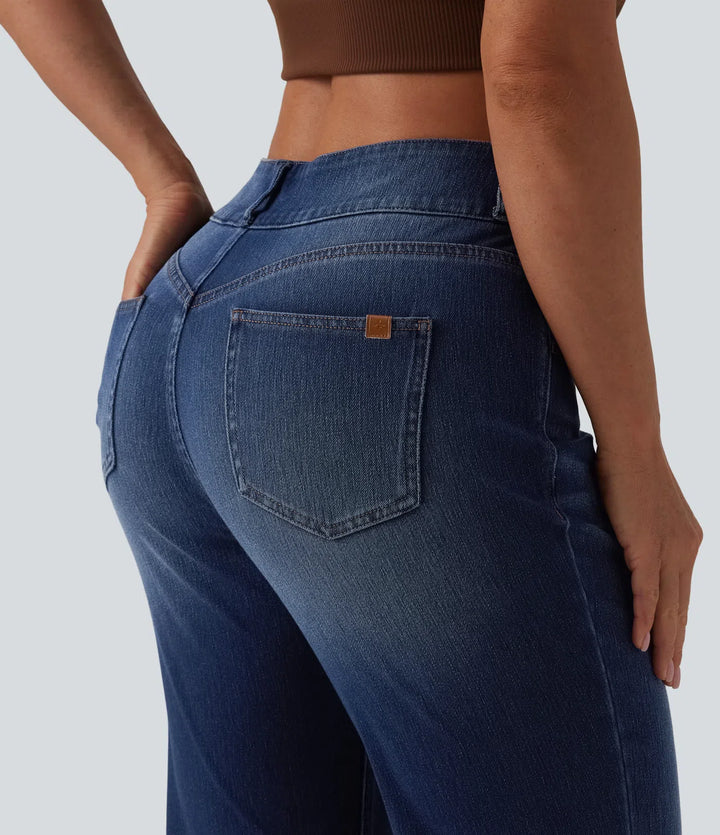 Halara Flex Asymmetric Mid Rise Casual Flare Jeans with Pockets