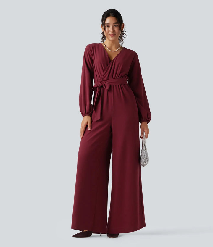 V-neck Puff Long Sleeve Belted Wide Leg Party Jumpsuit with Pockets