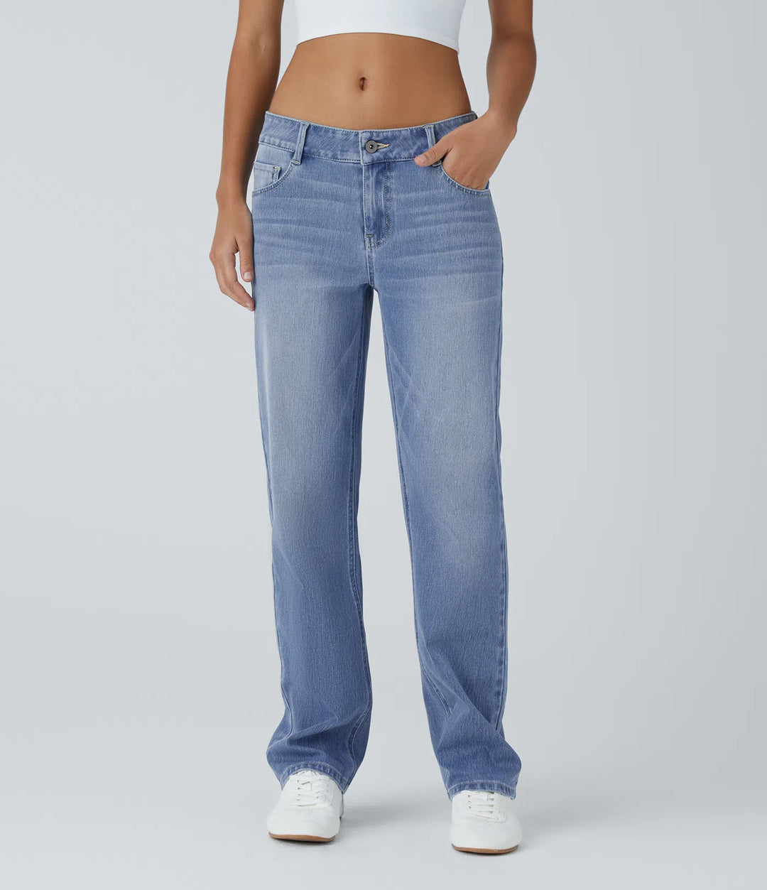 Halara Flex Low Rise Zipper Pockets Straight Leg Washed Casual Jeans