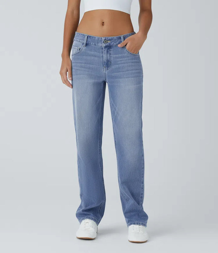 Halara Flex Low Rise Zipper Pockets Straight Leg Washed Casual Jeans