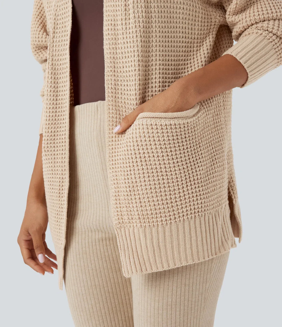 Long Sleeve Waffle Casual Cardigan with Pockets