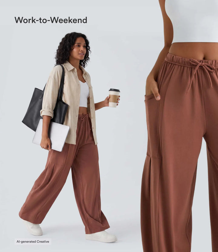 Mid Rise Elastic Waistband Drawstring Side Pocket Palazzo Flowy Wide Leg Casual Trousers