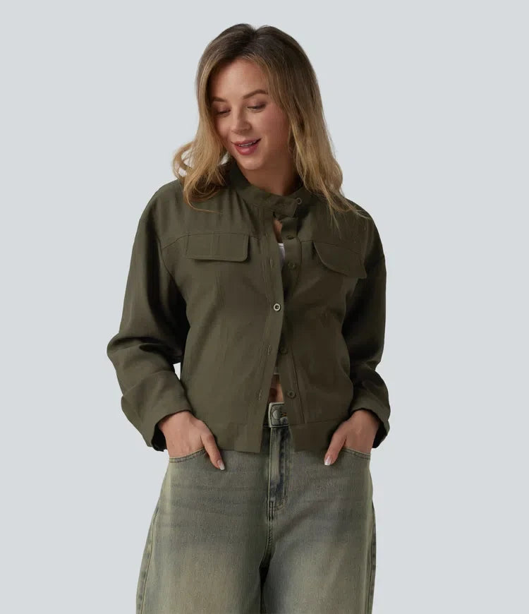 Stand Collar Long Sleeve Casual Cargo Jacket with Pockets