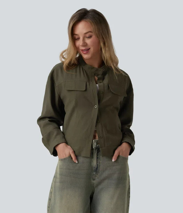 Stand Collar Long Sleeve Casual Cargo Jacket with Pockets