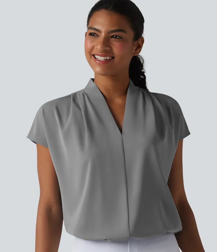 Wrinkle Recovery V-neck Batwing Sleeve Loose Fit Work Blouse