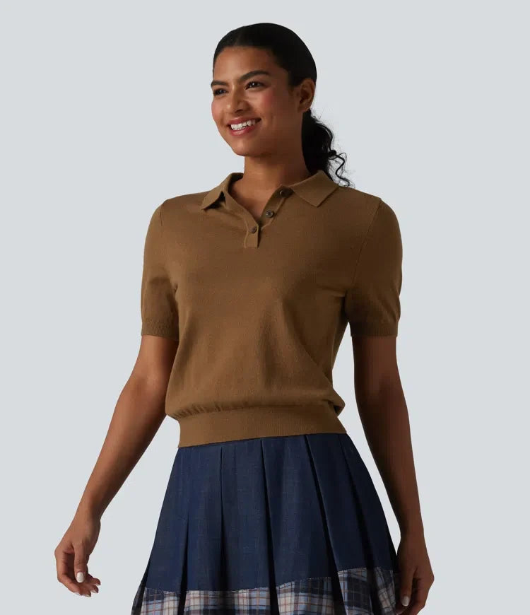 Polo Neck Short Sleeve Wool-Blend Casual Jumper