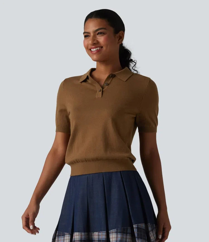 Polo Neck Short Sleeve Wool-Blend Casual Jumper