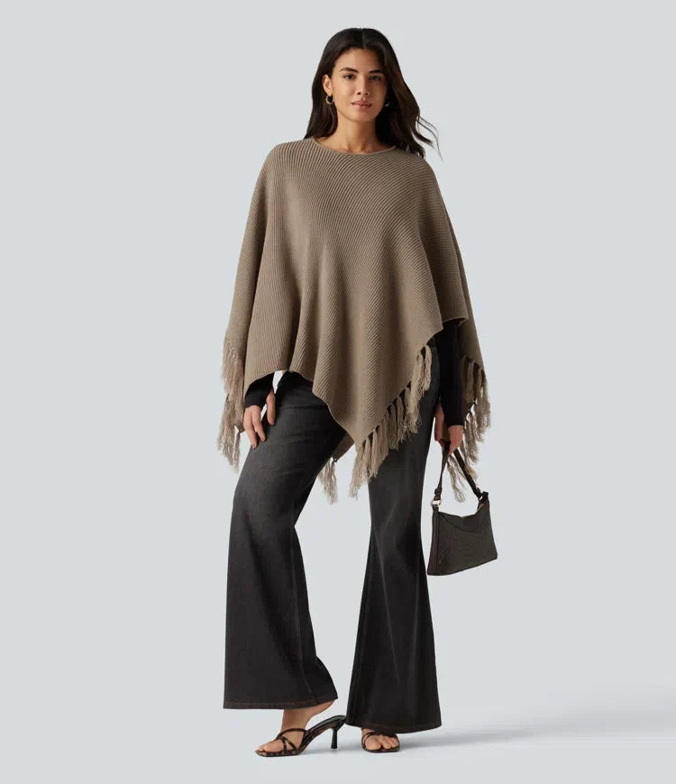 Boat Neck Fringe Poncho Cape Casual Jumper