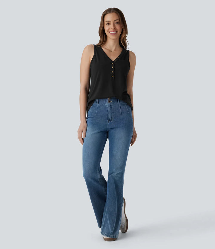 V Neck Sleeveless Decorative Casual Top