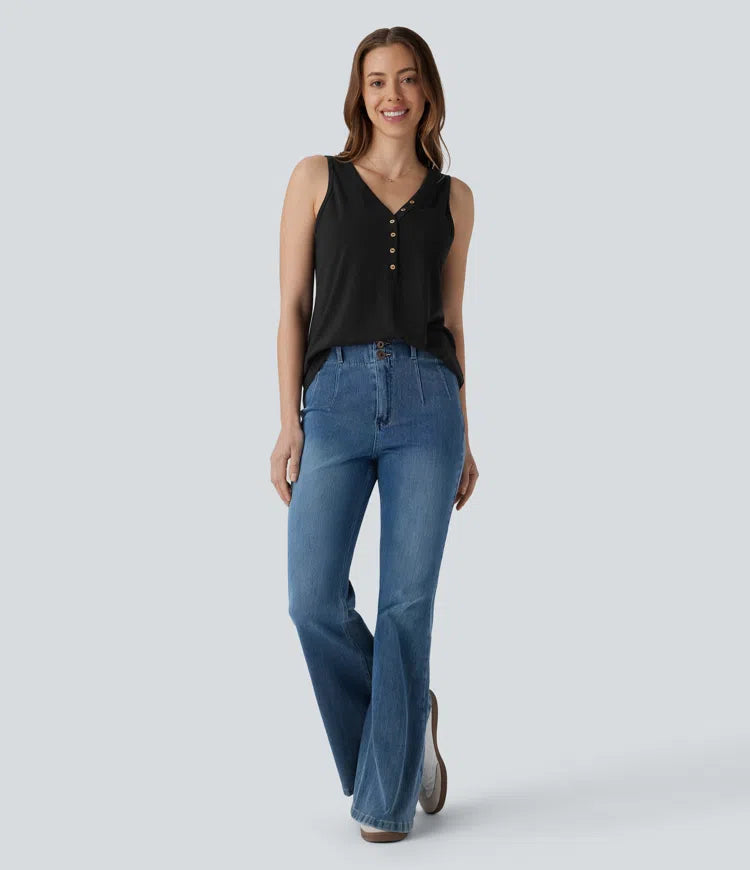 V Neck Sleeveless Decorative Casual Top