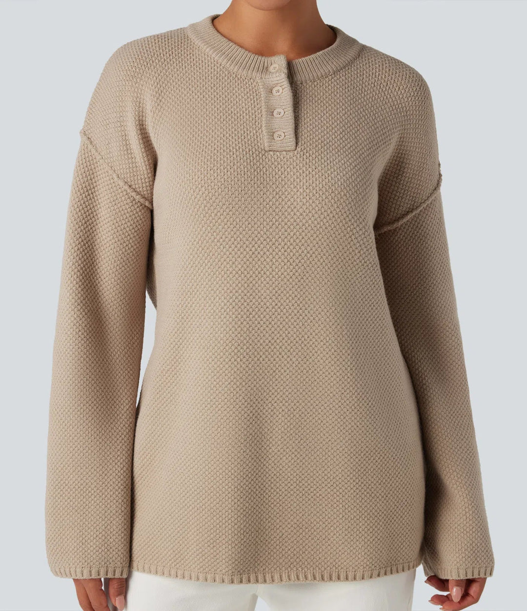 Henley Neck Long Sleeve Waffle Casual Jumper