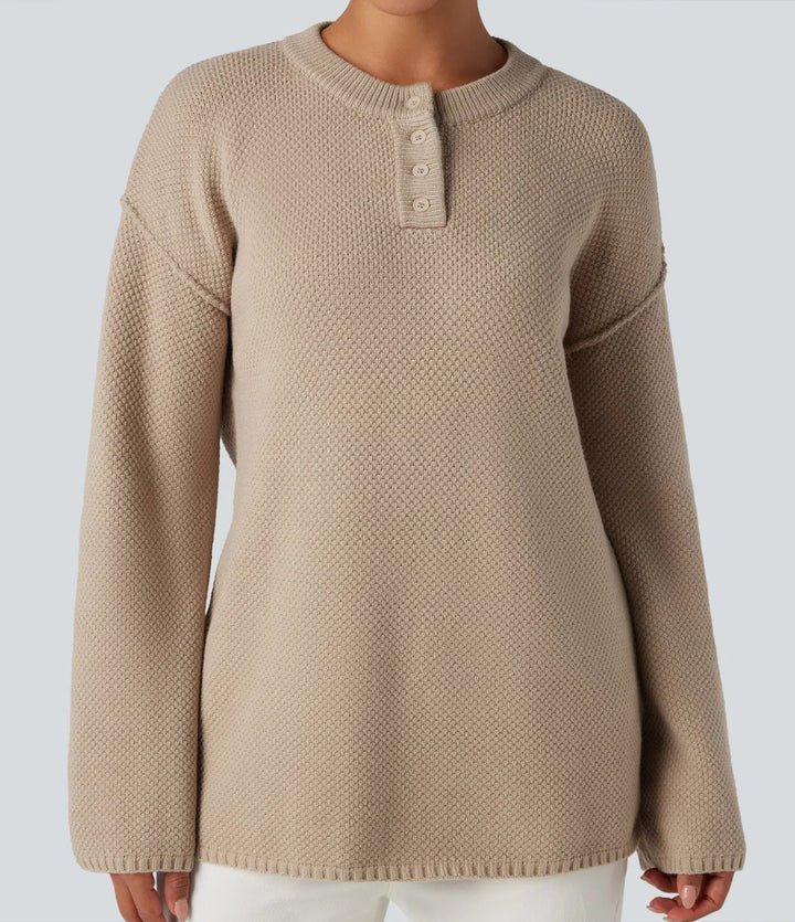 Henley Neck Long Sleeve Waffle Casual Jumper