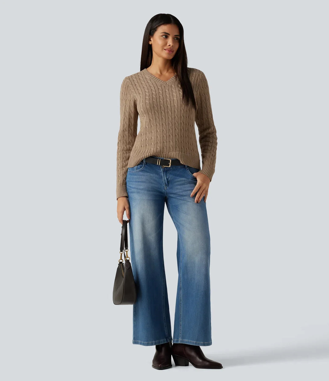 Cable Knit V Neck Long Sleeve Work Jumper