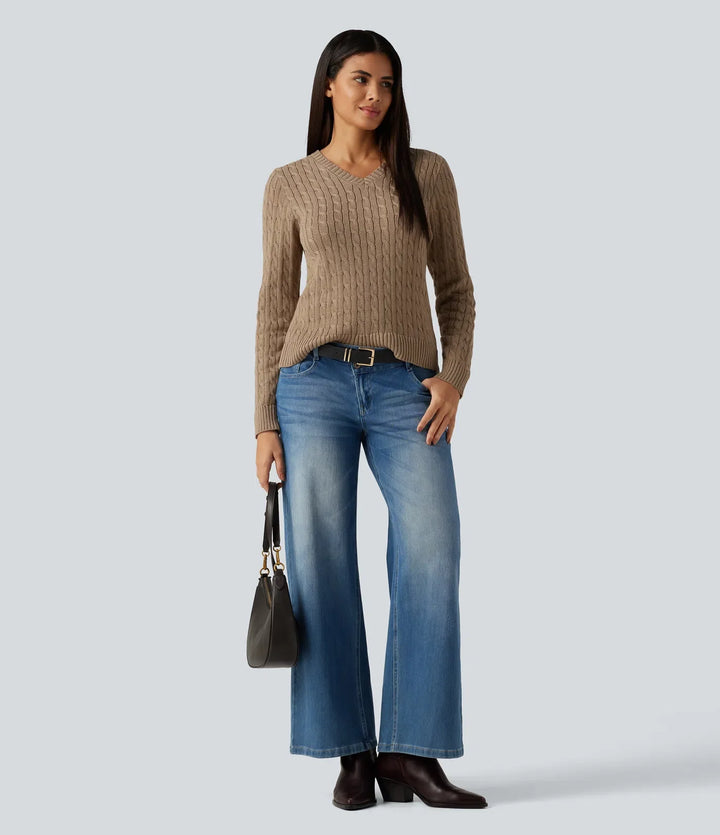 Cable Knit V Neck Long Sleeve Work Jumper