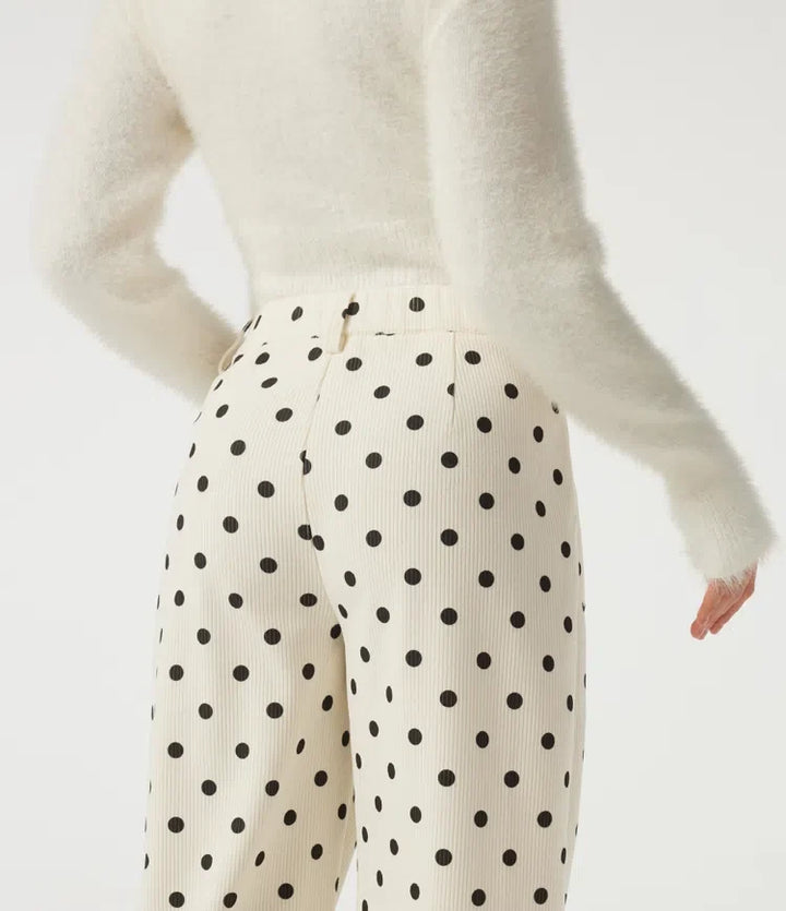 Mid Rise Barrel Leg Polka Dot Corduroy Casual Trousers with Pockets
