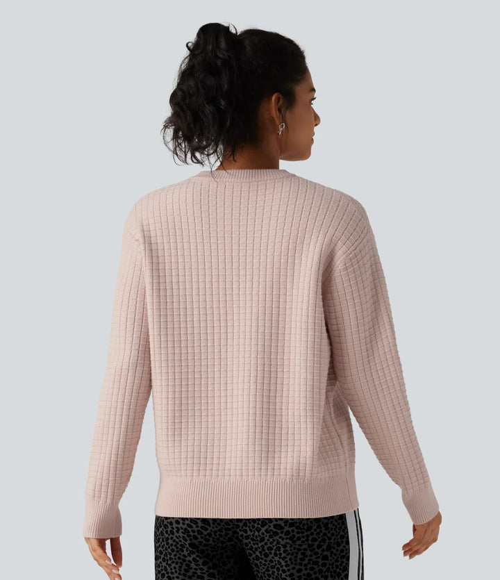 Round Neck Long Sleeve Waffle Casual Jumper