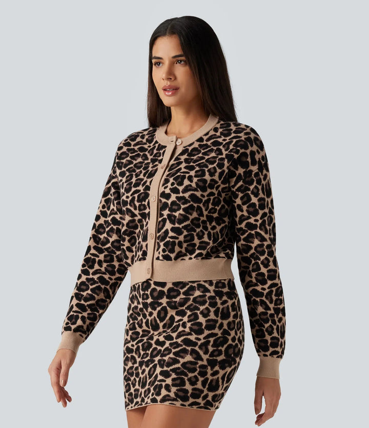 Round Neck Long Sleeve Leopard Print Casual Cardigan