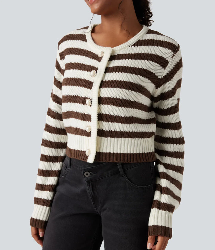 Round Neck Long Sleeve Stripe Work Cardigan