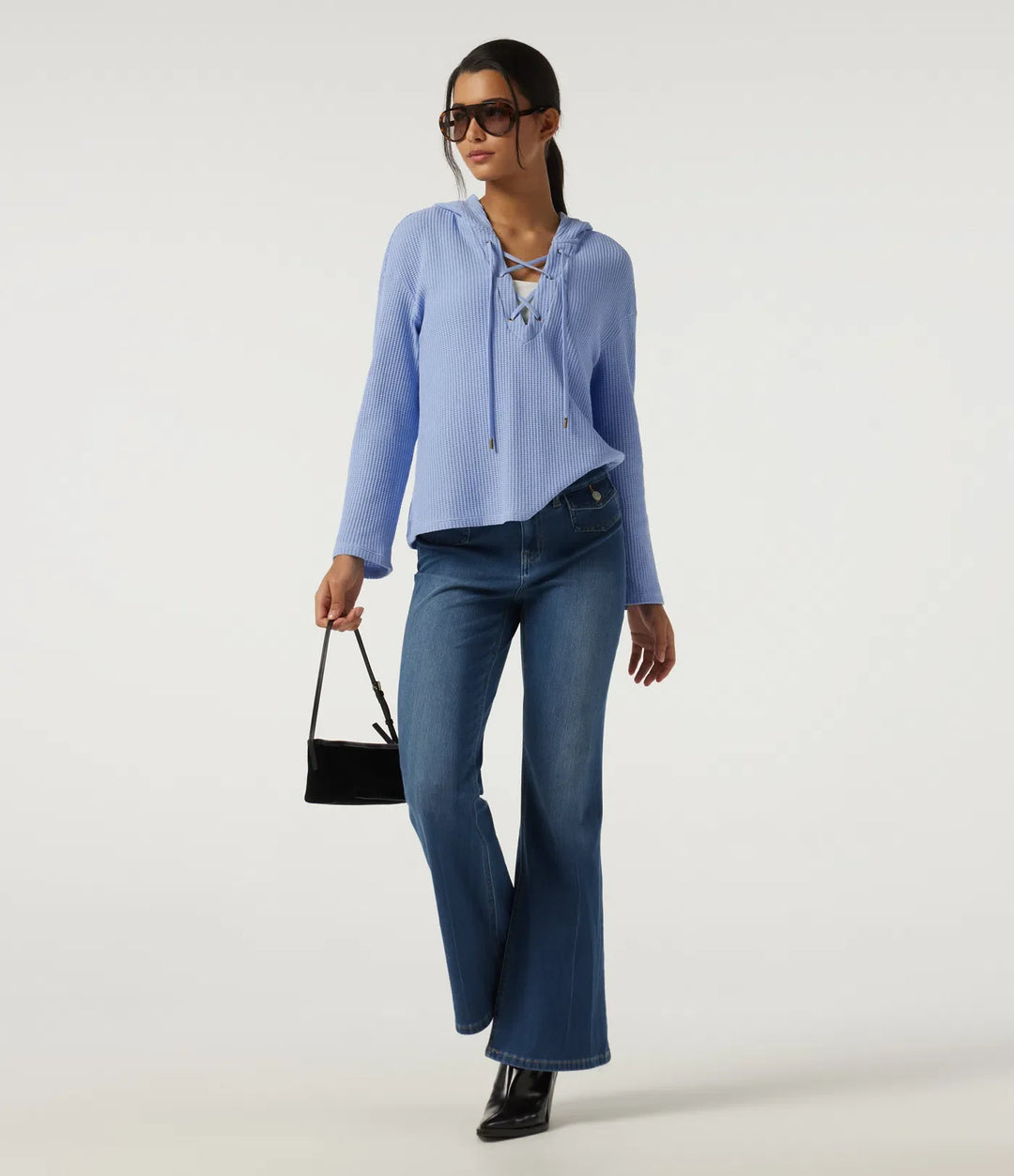 Hooded Long Sleeve Lace Up Waffle Casual Sweatshirt