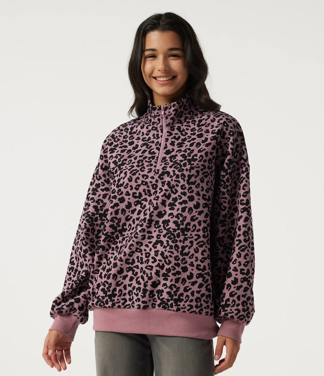 Stand Collar Long Sleeve Leopard Print Casual Top